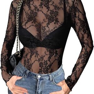 Zeagoo Black Floral Lace Sheer Blouse
